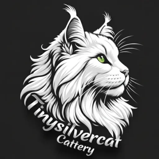 Logo de la chatterie Tinysilvercat : illustration stylisée d’un Maine Coon majestueux à la longue fourrure, regard vert, avec l’inscription « Tinysilvercat Cattery », spécialiste de l’élevage familial de Maine Coon pour la France et l’international.