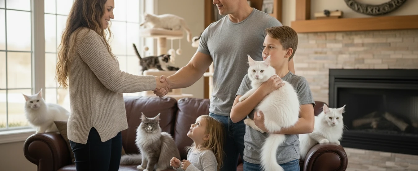Éleveur TinySilverCat serrant la main d’une adoptante dans le salon, entourée de ses deux enfants. Le garçon tient le chaton Maine Coon qu’ils viennent d’adopter.