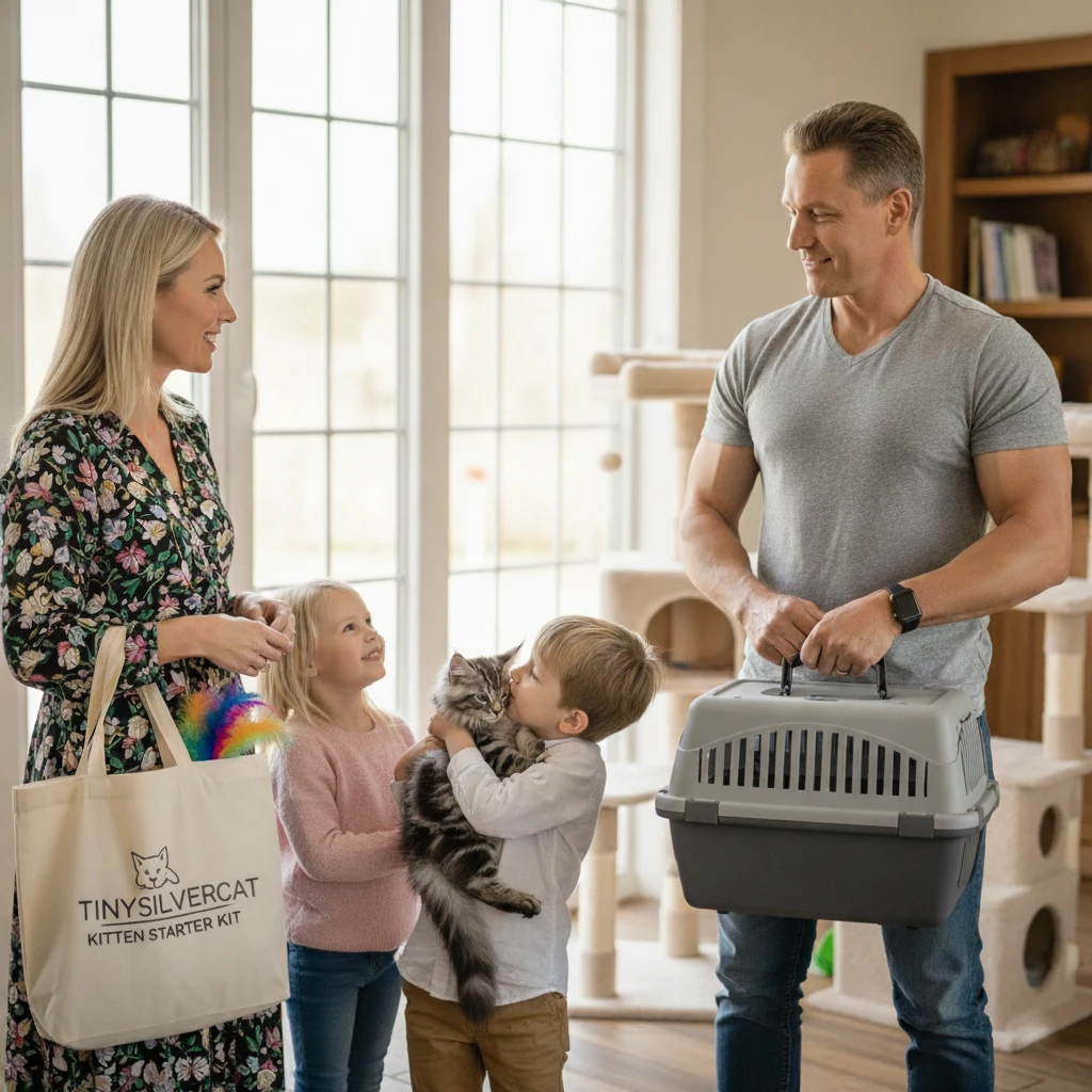 Scène d’adoption d’un Maine Coon chez TinySilverCat : l’éleveur (visage conforme), famille adoptante, caisse de transport, kit de départ, enfants et chaton black silver