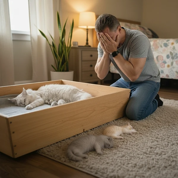 Christophe à genoux, mains sur le visage, devant des chatons morts et une mère Maine Coon avec ses petits survivants