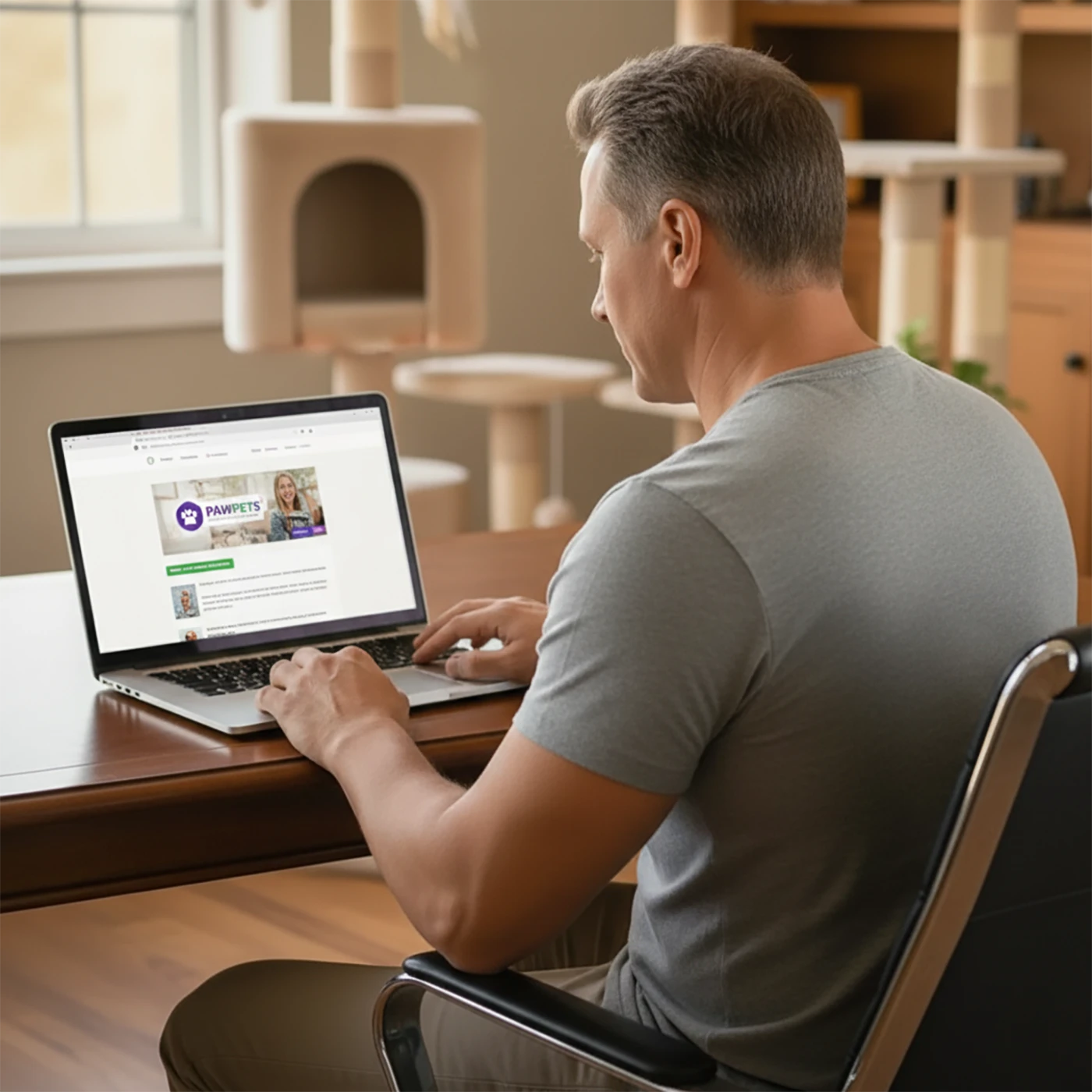 Un éleveur de Maine Coon sérieux naviguant sur l'ordinateur et analysant le pedigree d'un chat sur le site PawPets, garantissant la traçabilité de la lignée.