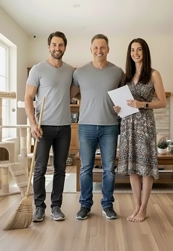 Équipe familiale de la chatterie Maine Coon TinySilverCat : éleveur, femme et frère posent ensemble entourés de leurs chats