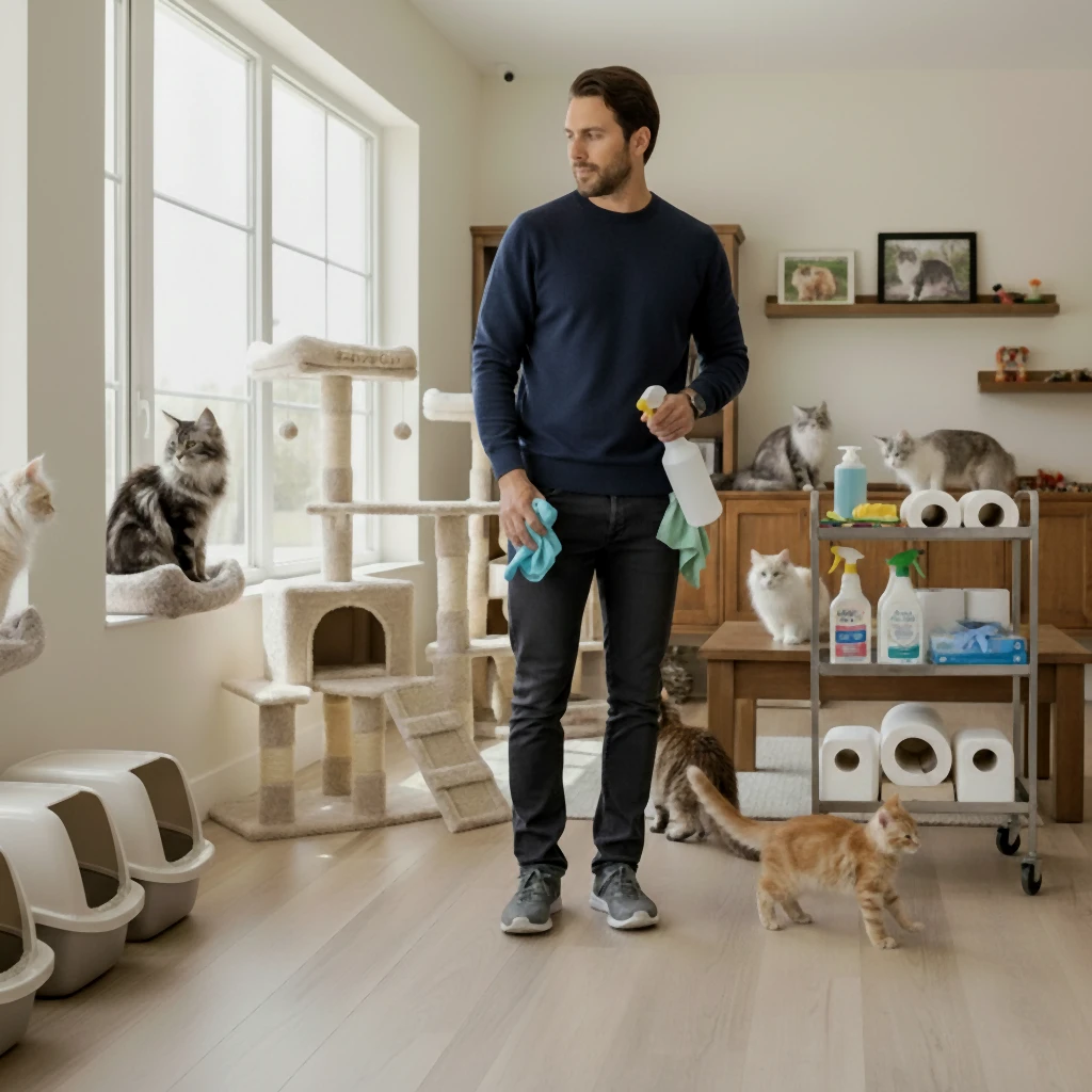 Éleveur nettoyant la chatterie Maine Coon entouré de chats, routine d’hygiène et bien-être chez TinySilverCat