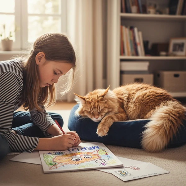 Jeune fille dessinant avec un Maine Coon allongé près d’elle, moment de complicité à la chatterie TinySilverCat