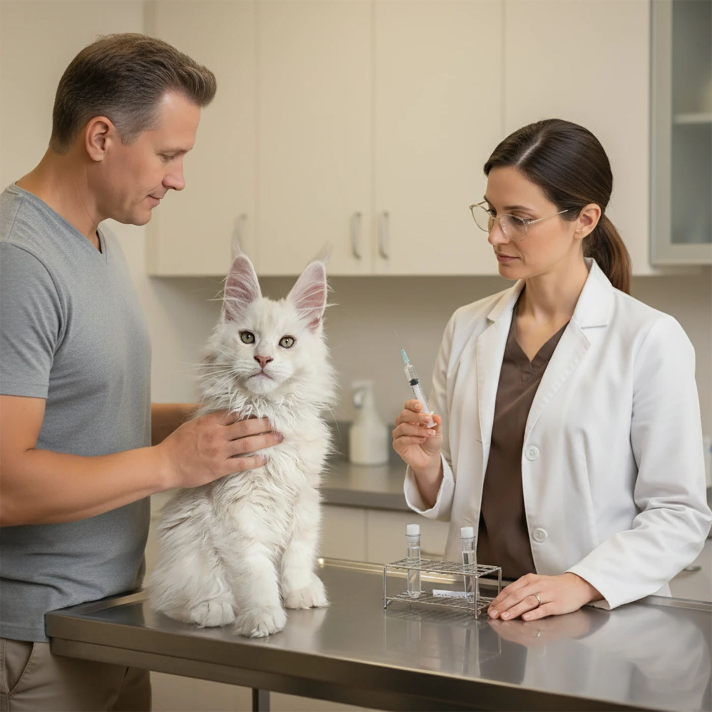 Un homme avec un maine coon chez le vétérinaire, prêt pour des tests infectieux comme FIV, FeLV et Mycoplasma, prouvant le protocole de santé de l'élevage.