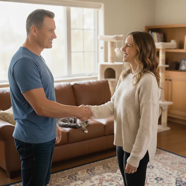 Poignée de main chaleureuse entre deux éleveurs de Maine Coon lors d’une rencontre à la chatterie TinySilverCat