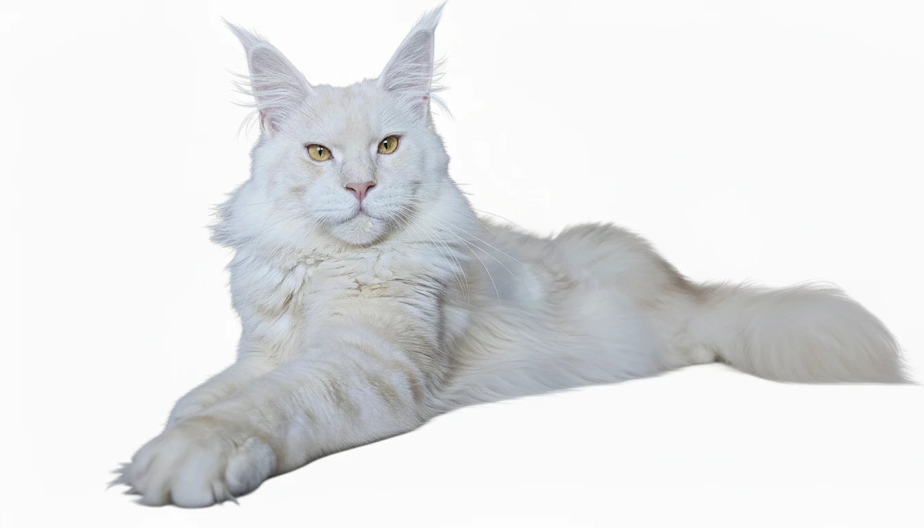 Un magnifique Maine Coon Red Silver majestueux, allongé de tout son long sur fond blanc, illustrant la présence royale de l'étalon Winchester.