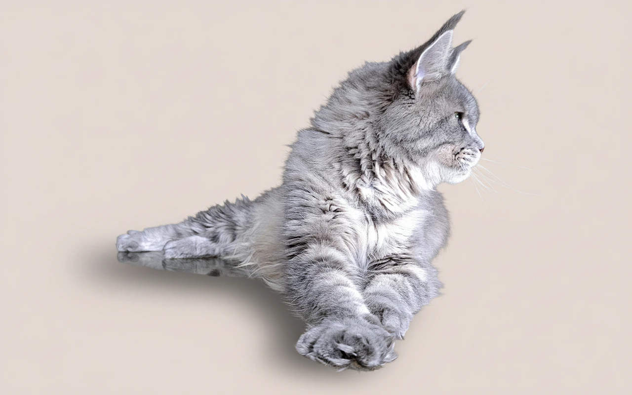 Umy Winehouse, notre femelle Maine Coon MCO g 23 (bleu crème mackerel tabby), en photo de couverture, montrant son profil parfait à 90° et son regard intense.