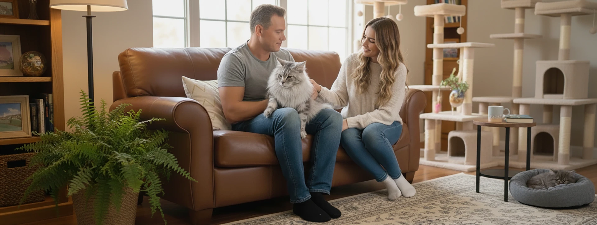 Un Maine Coon et son éleveur dans la chatterie TinySilverCat, cadrage vertical optimisé pour smartphone, incarnant les valeurs de l’élevage