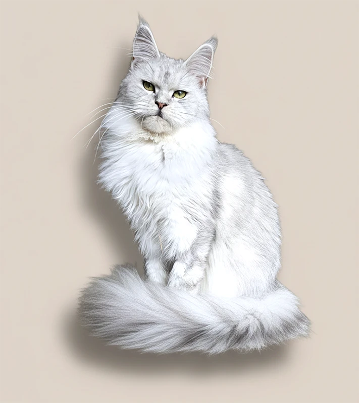 Femelle Maine Coon black silver mackerel claire, Willow Tinysilvercat, debout sur une table, regard direct, fond noir.