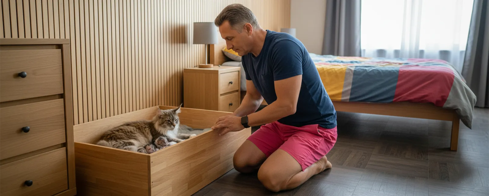 Plan vertical dans la chambre parentale (mur décoré de tasseaux de bois). Christophe, en short rose et t-shirt bleu foncé, est agenouillé pour surveiller les chatons dans la caisse de mise bas posée juste à côté du lit et du meuble TV.