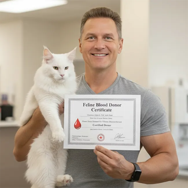 Photo de Christophe, éleveur TinySilvercat, posant fièrement avec un Maine Coon et son certificat officiel de donneur de sang. L'image illustre la barrière virale absolue de l'élevage : un chat donneur est obligatoirement négatif aux maladies transmissibles et cardiaques.