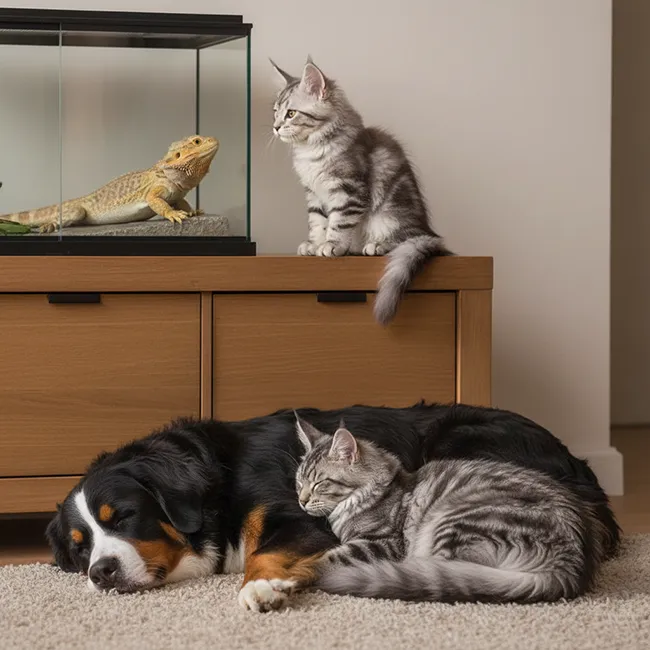 Vue verticale de dessus montrant un chien et un chat enlacés pour dormir. Focus sur la tendresse et la proximité physique.