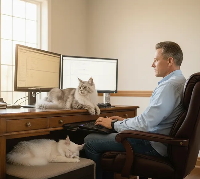 Photo de Christophe, développeur, travaillant à son bureau à domicile devant deux écrans. Un grand Maine Coon est allongé à côté de l'écran, et un autre dort sur le sol près de ses pieds, illustrant la socialisation des chats à son quotidien.