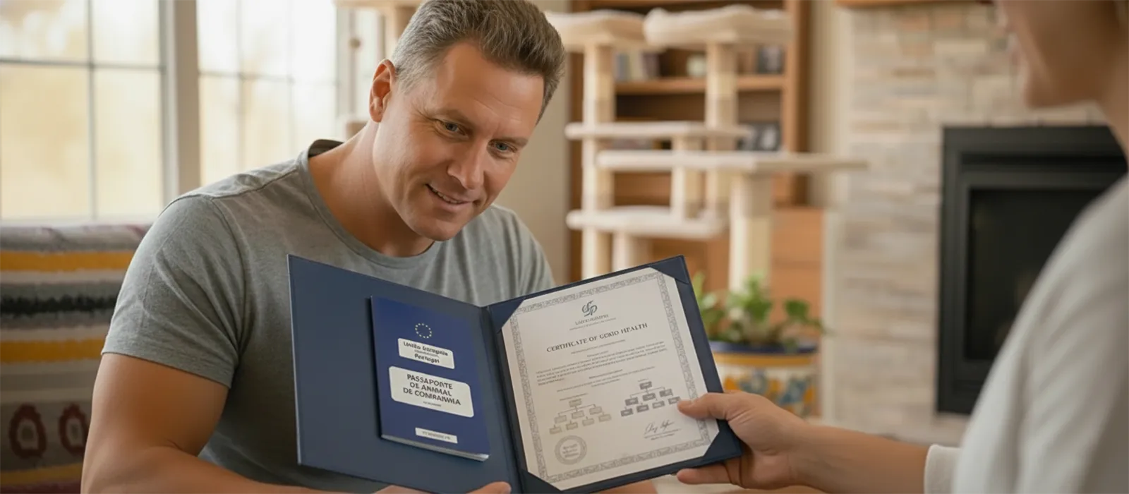 Photo de Christophe, l'éleveur, tendant un dossier ouvert à un adoptant. On y distingue le passeport européen, les résultats de tests ADN et le certificat de bonne santé. L'image symbolise l'engagement de transparence absolue et la remise des preuves concrètes.