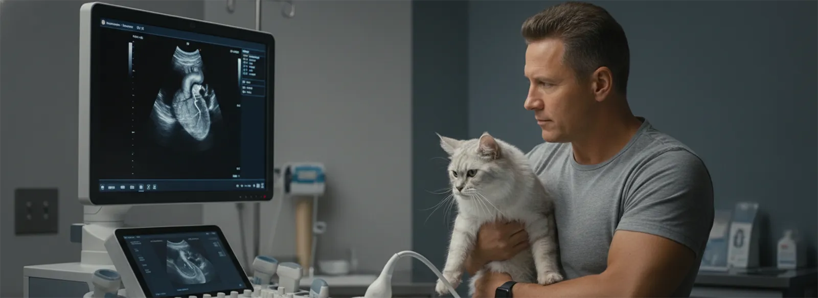 Plan vertical serré sur l'écran d'un moniteur d'échographie vétérinaire, montrant un scan cardiaque. L'éleveur est présent à côté du chat. Focus sur la détection active de la HCM et de la PKD.