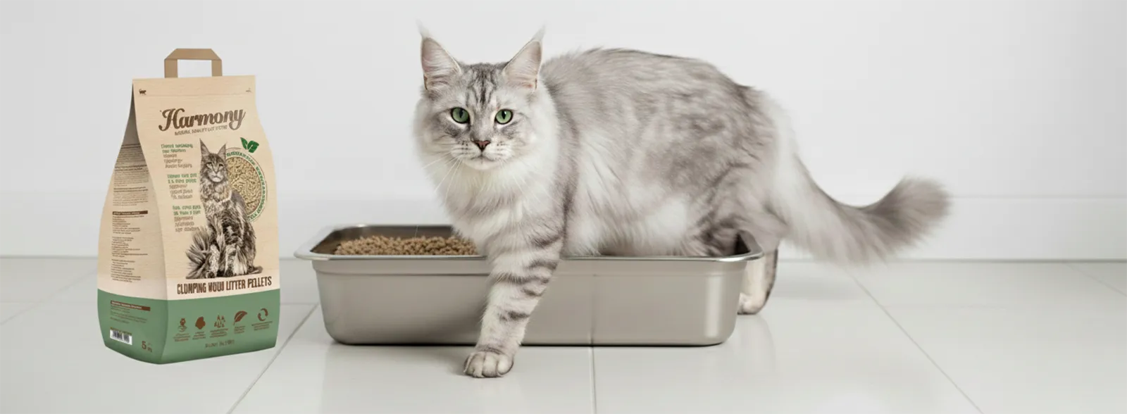 Litière Inox & Bois Bac à litière en inox avec granulés de bois naturels.