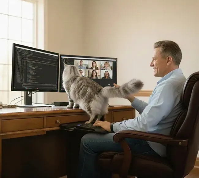 Photo de nuit dans un bureau au mur en tasseaux de bois. Christophe, souriant, travaille devant ses écrans avec une tasse à café, tandis qu'une chatte Maine Coon Black Silver est confortablement installée sur ses genoux.