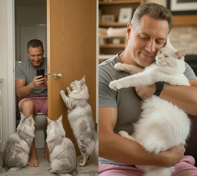 Photo humoristique prise dans la salle de bain. Christophe est assis sur les toilettes (habillé/cadrage discret) ou se brosse les dents, entouré de trois Maine Coons qui le fixent intensément, attendant qu'il ait fini. L'image illustre le caractère "pot de colle" de la race.