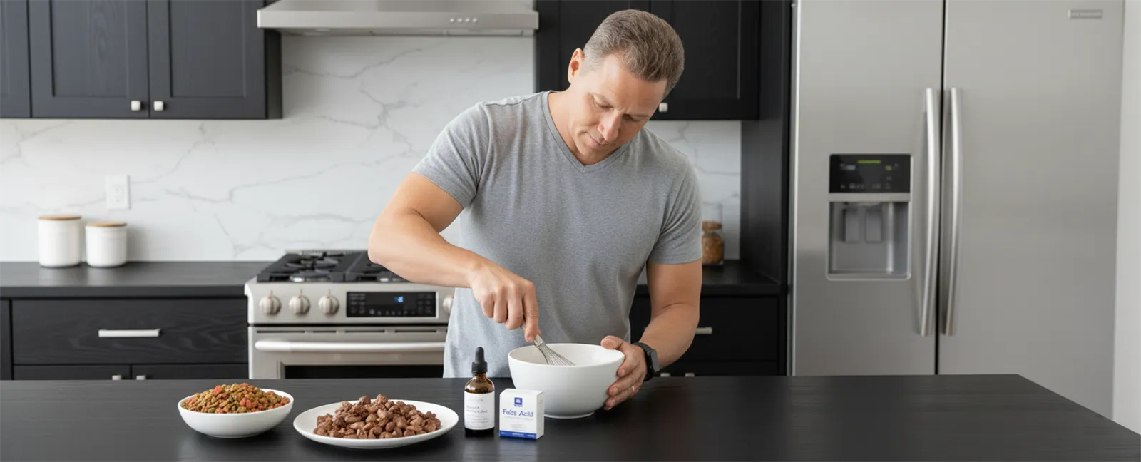 Préparation d'un repas complet avec viande et vitamines pour chat reproducteur.