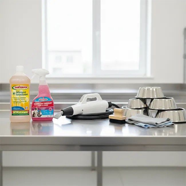 Nos Armes Secrètes : Produits Pros, Vapeur Sèche et Inox Composition montrant le matériel d'hygiène de la chatterie : bidons de désinfectants professionnels, buse de nettoyeur vapeur sèche et pile de gamelles en inox propres sur un plan de travail.
