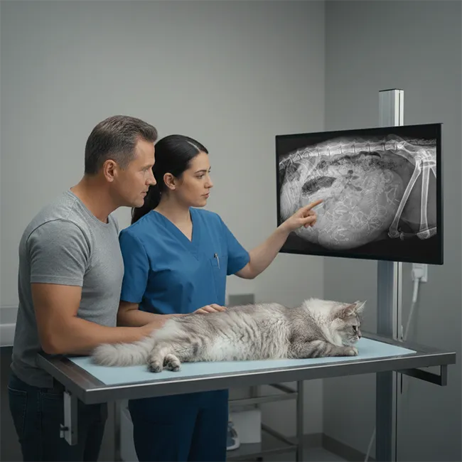 L'éleveur Christophe et un vétérinaire examinant une radiographie de gestation d'une chatte Maine Coon silver pour compter les fœtus, conformément à la politique de Tiny Silver Cat de ne pas pratiquer d'échographie précoce.