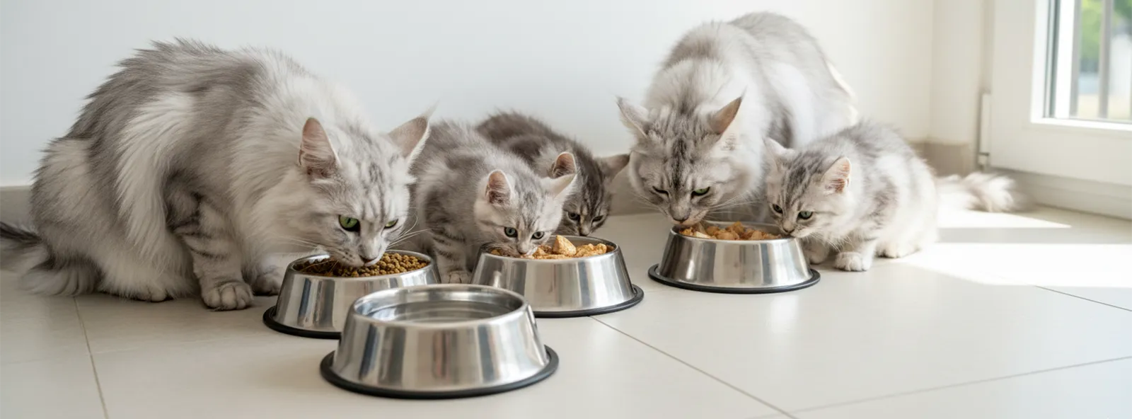 Maine Coons mangeant ensemble dans des gamelles inox propres.