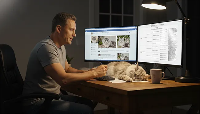 Éleveur étudiant la génétique et les pedigrees Maine Coon la nuit sur ordinateur avec un chat endormi.