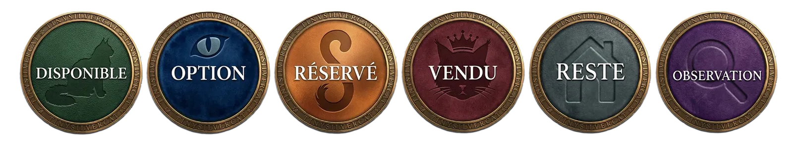 Icônes des statuts chatons : disponible, option, réservé, vendu, observation et reste.