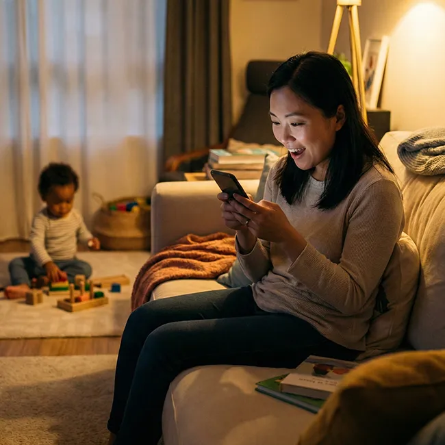 Photographie chaleureuse dans le salon de la chatterie. Elsa, une jeune femme brune, est agenouillée, souriante, et regarde avec émotion le chaton Maine Coon Amarante que tient l'éleveur, Christophe. C'est le moment de l'échange et des premières présentations physiques.