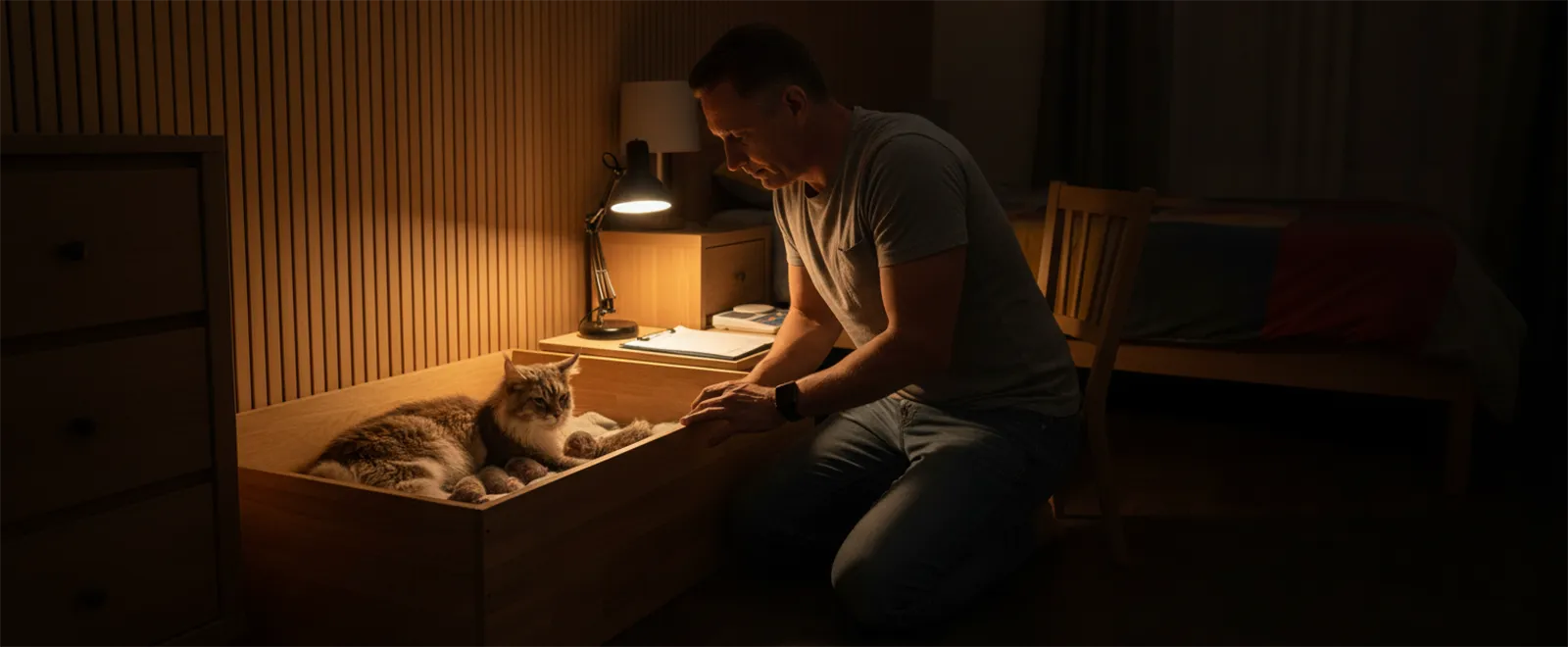 Éleveur surveillant une portée de chatons Maine Coon la nuit.