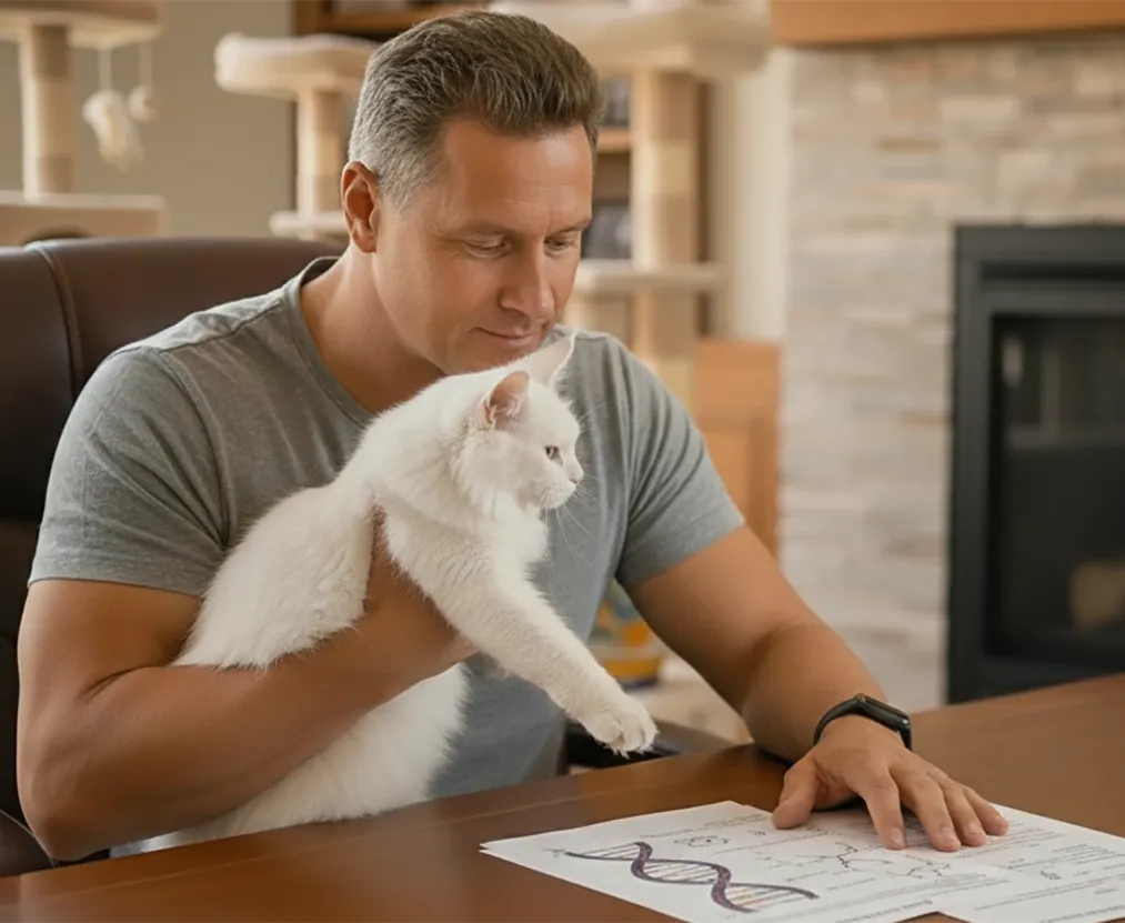 Photo de Christophe, éleveur, dans son bureau. Il pose fièrement avec un Maine Coon Silver Shaded tout en posant la main sur des certificats de tests génétiques. L'image illustre le lien entre la beauté du chat (travail des couleurs) et sa santé génétique certifiée.