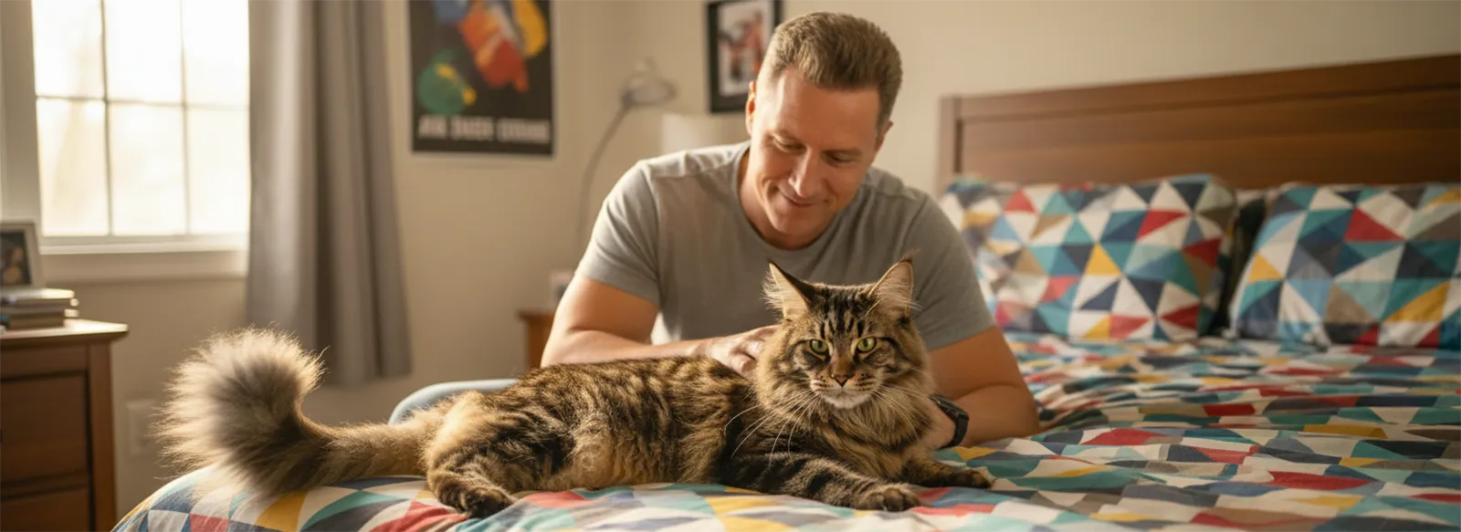 Plan vertical serré sur un grand Maine Coon mâle couché confortablement sur une couette d'enfant. Focus sur le confort et la liberté.