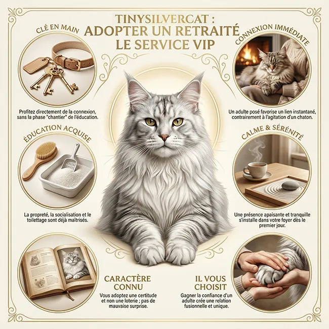 Infographie carrée sur les avantages de l'adoption d'un retraité d'élevage. Au centre, un Maine Coon blanc sage. Autour, visuels symbolisant le "clé en main", l'éducation terminée, le caractère garanti, la connexion immédiate et la sérénité d'un chat adulte.