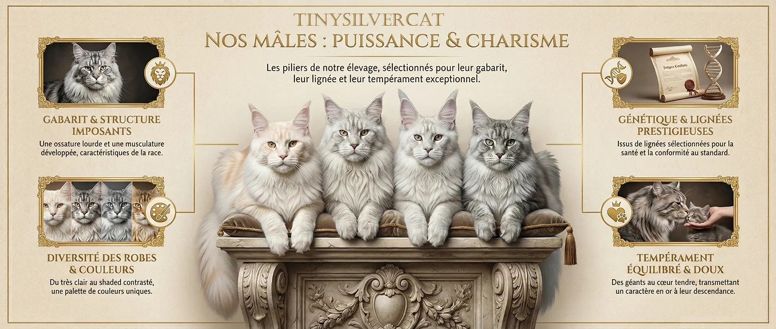 Infographie verticale pour smartphone listant les mâles de TinySilvercat. Sous le logo de l'élevage, présentation artistique de quatre chats : un Red Silver crème, un Shaded à forte crinière, un mâle aux grandes oreilles et un Silver Shaded contrasté.