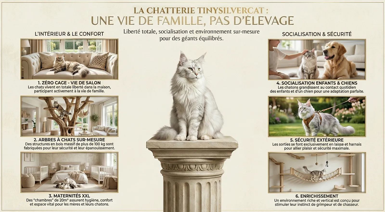 Guide vertical de la vie chez TinySilverCat. Photos illustrant la liberté totale dans la maison, le mobilier adapté, la socialisation inter-espèces et la sécurité des sorties.