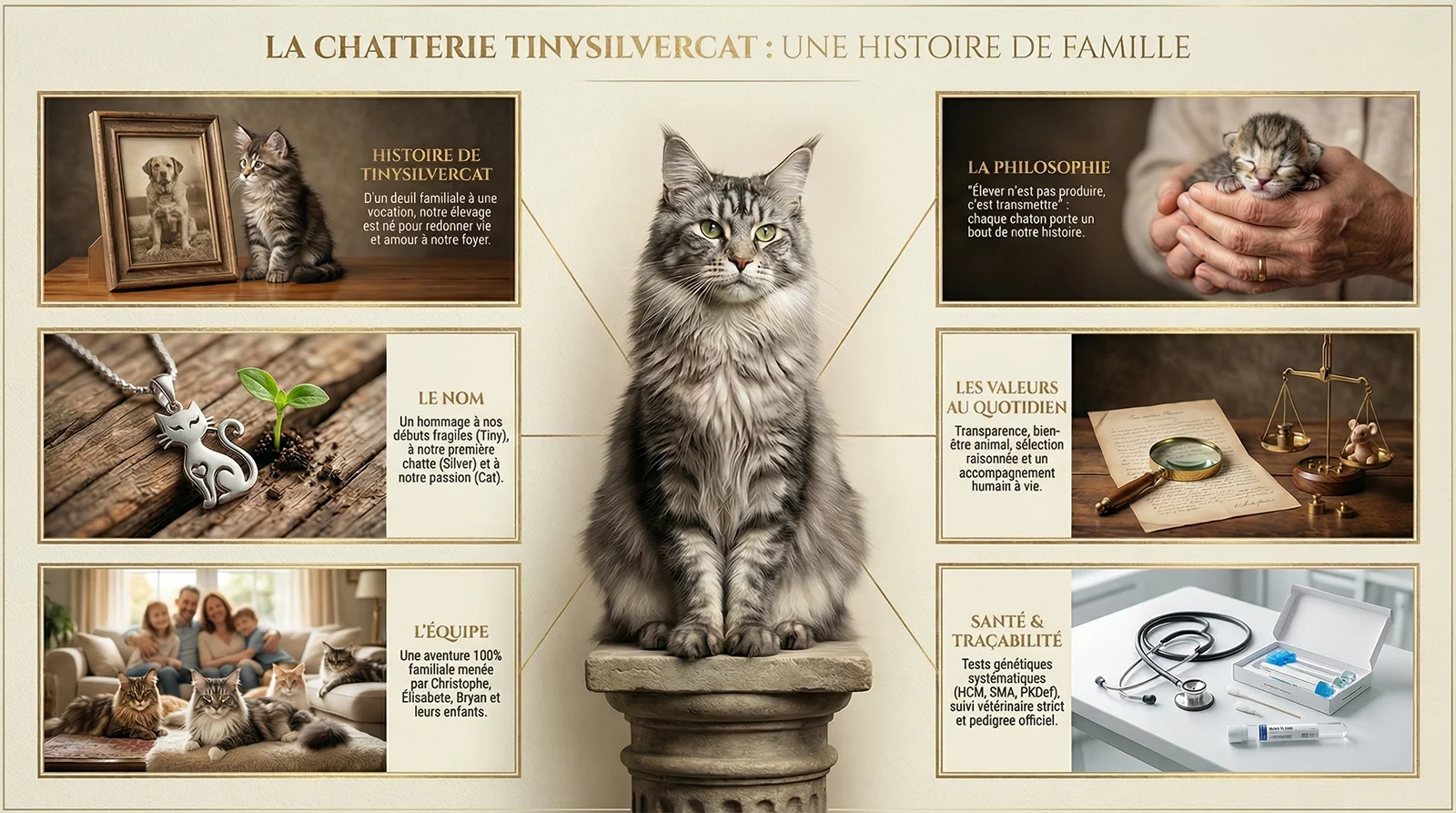 Infographie verticale présentant l'histoire de l'élevage TinySilverCat. Sous un magnifique Maine Coon blanc aux grands plumets, une chronologie visuelle photoréaliste : origine du deuil fondateur, symbolique du nom, équipe familiale, philosophie de transmission, valeurs et suivi santé rigoureux.