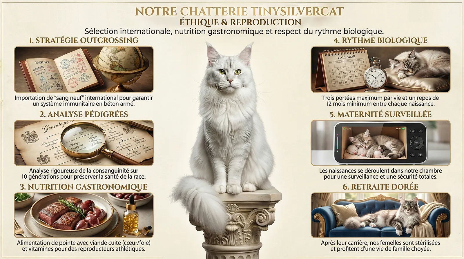 Infographie verticale sur la charte éthique de la chatterie TinySilverCat. Sous un Maine Coon blanc majestueux, une liste visuelle de nos standards : import de reproducteurs étrangers, étude généalogique poussée, alimentation naturelle cuisinée, surveillance 24/7 et vie de famille prioritaire sur la reproduction.