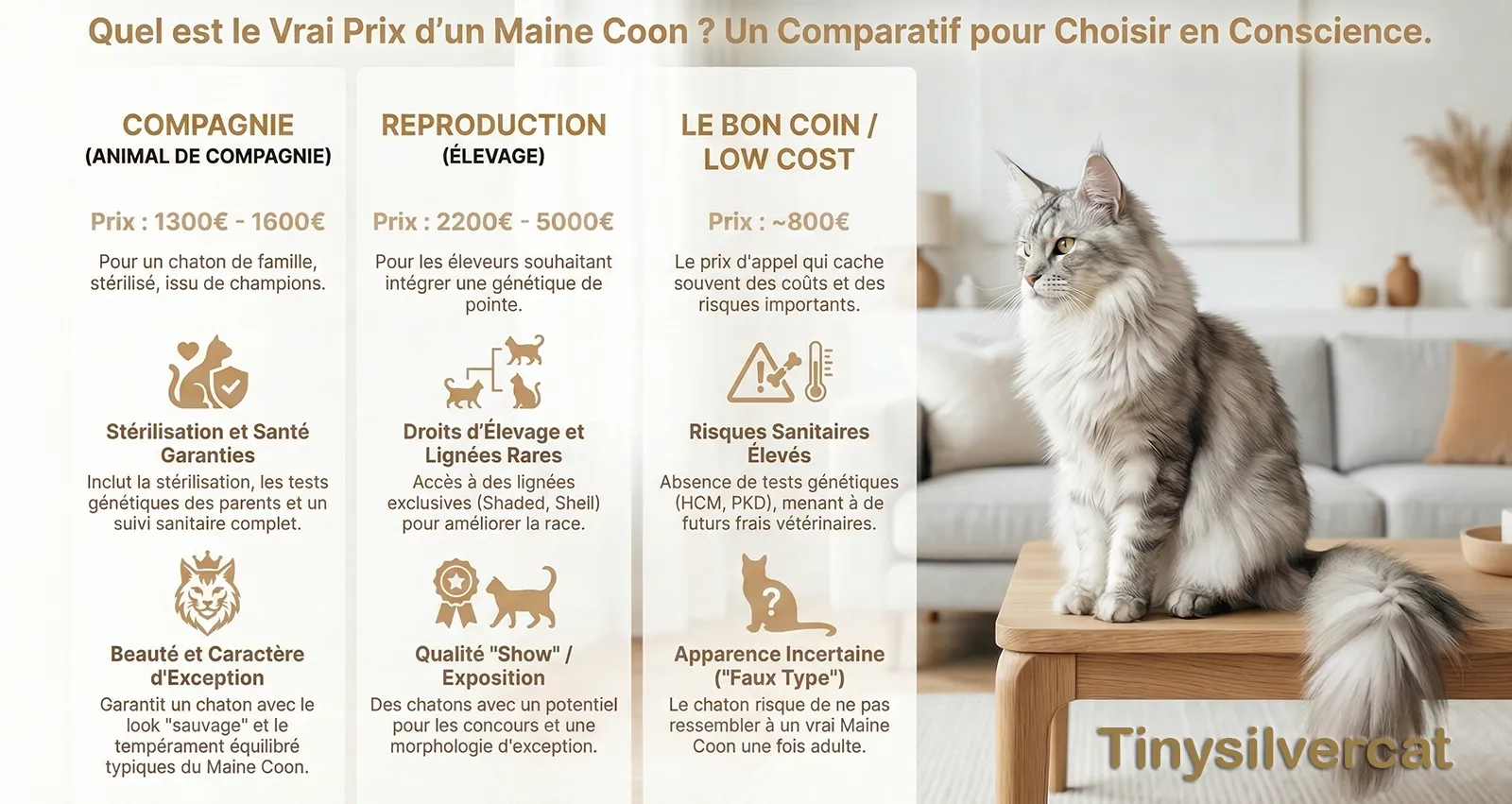 Infographie verticale pour smartphone résumant les tarifs Maine Coon TinySilverCat. Liste empilée : Socle Santé, Prix Compagnie (Dès 1300€), Prix Reproduction (Jusqu'à 5000€) et Transparence, surmontés d'un chaton Silver.