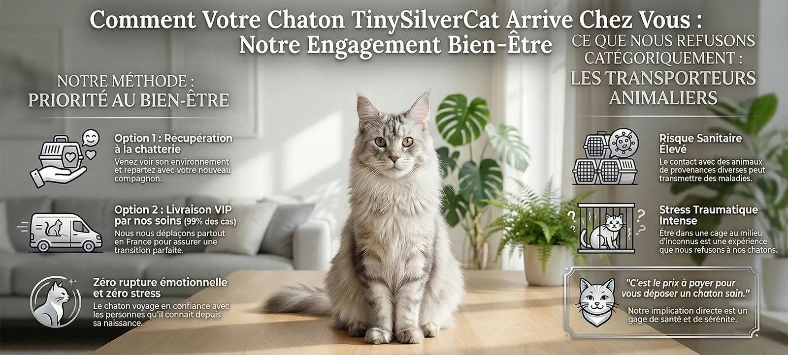 infographie verticale expliquant les modes de livraison de chaton Maine Coon chez TinySilverCat (Retrait ou Livraison VIP). Version optimisée pour mobile.
