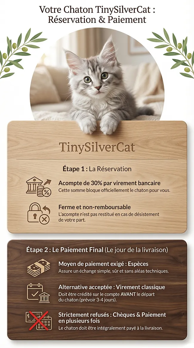 Infographie officielle TinySilverCat détaillant les modalités de paiement sécurisées. Marque gravée dans le métal. Indique : Acompte 30% à la réservation, Solde en Espèces à la livraison. Refus strict des chèques et paiements en plusieurs fois.