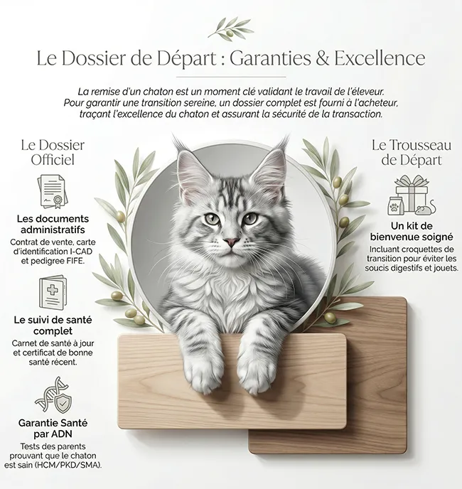 Infographie officielle TinySilverCat, avec la marque gravée dans le fond métallique. Elle détaille les deux options de transport sécurisées (Retrait chatterie ou Livraison VIP par éleveurs) et le refus strict des transporteurs animaliers pour protéger les chatons Maine Coon.