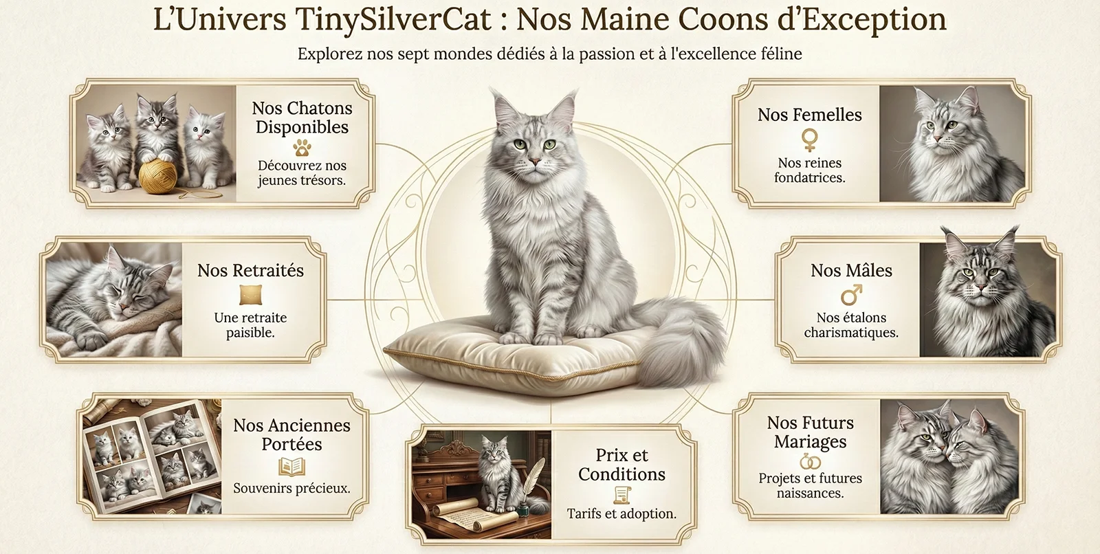 Format vertical pour smartphone de l'infographie "L'Univers TinySilverCat". Un Maine Coon Silver central domine une structure verticale de sept panneaux, chacun illustré par une photo réaliste de chat Silver, permettant de naviguer vers les sections Chatons, Mâles, Femelles, Retraités, Mariages, Portées et Prix.