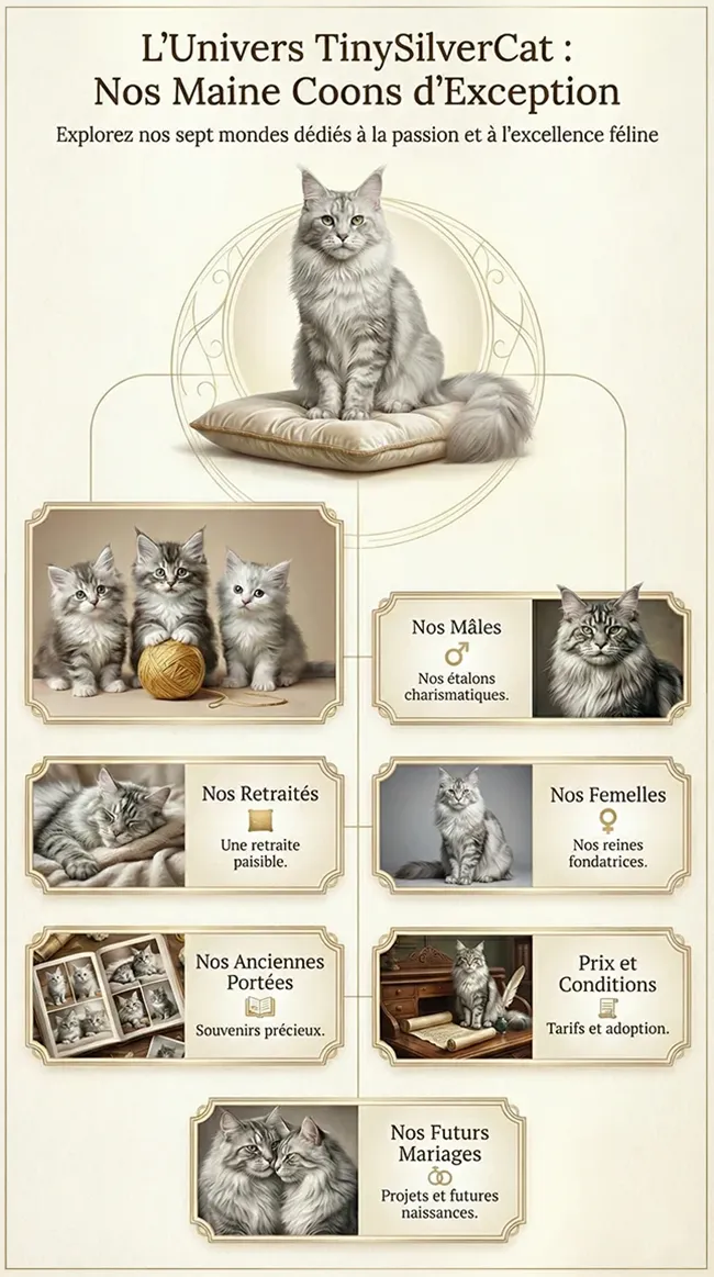 Format vertical pour smartphone de l'infographie "L'Univers TinySilverCat". Un Maine Coon Silver central domine une structure verticale de sept panneaux, chacun illustré par une photo réaliste de chat Silver, permettant de naviguer vers les sections Chatons, Mâles, Femelles, Retraités, Mariages, Portées et Prix.