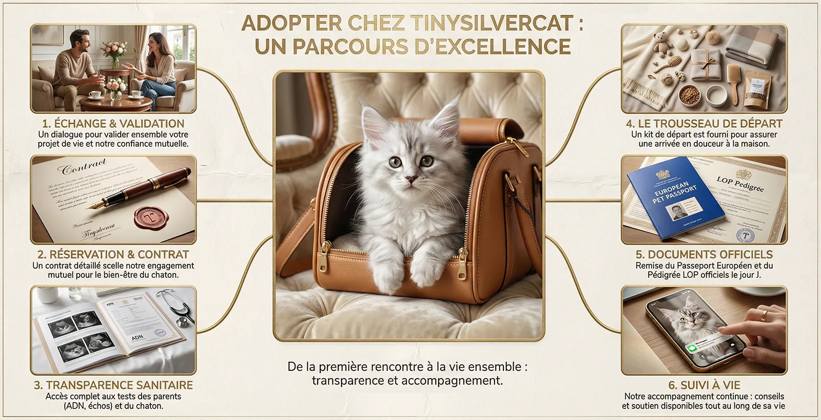 Parcours Adoption d'un chaton maine coon TinySilverCat Guide visuel vertical des étapes d'adoption. Chaton Maine Coon blanc dans un sac, suivi des photos illustrant la réservation, les garanties sanitaires, le kit chaton, les papiers officiels et le contact permanent.