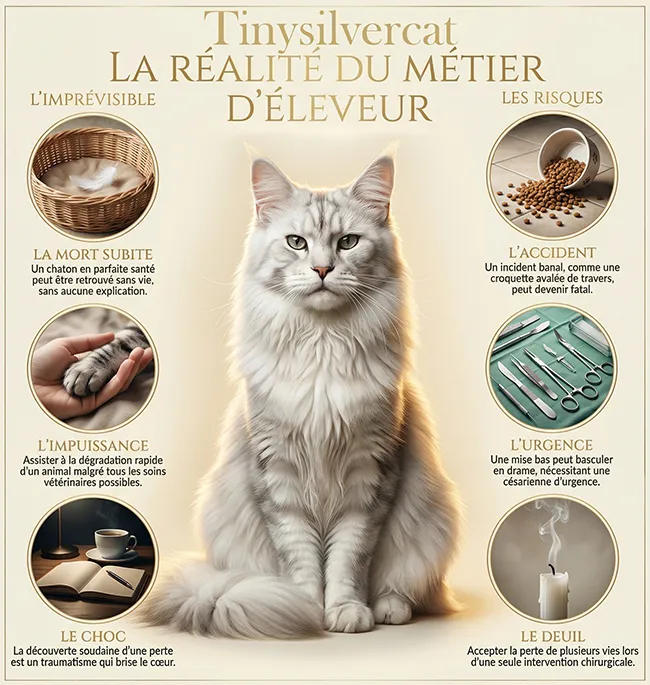 Infographie au format carré illustrant les risques du métier d'éleveur. Autour d'un Maine Coon blanc central, six vignettes photoréalistes symbolisent la mort subite (panier vide), l'urgence médicale (chirurgie), les accidents domestiques et le deuil.