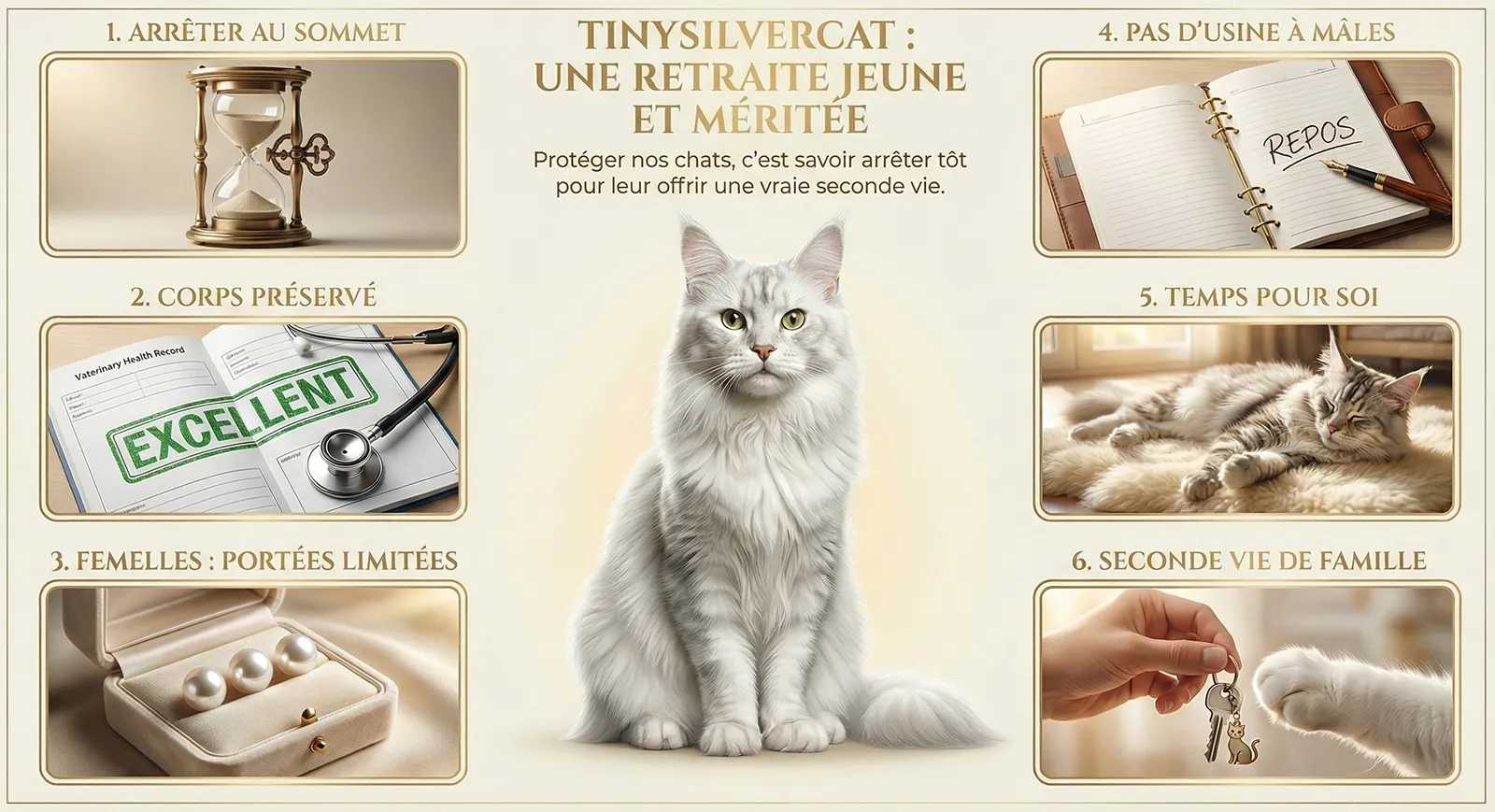 Guide vertical sur la retraite des reproducteurs. Visuels montrant que les chats sont arrêtés avant l'usure, avec une santé préservée et un avenir familial exclusif.