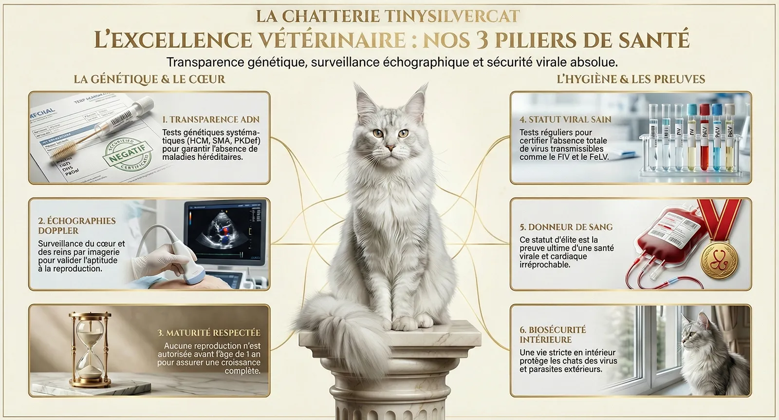 Guide vertical des garanties vétérinaires. Visuels réels montrant le dépistage génétique, le suivi écho-doppler, la négativité virale et la biosécurité de la chatterie TinySilverCat.