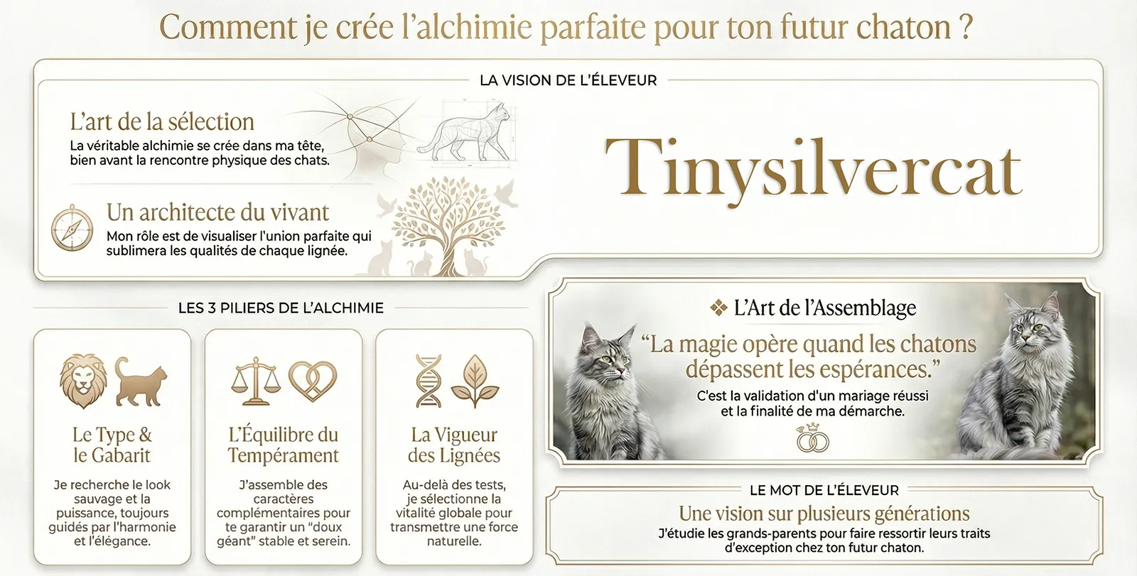 Infographie TinySilverCat détaillant la création de l’alchimie entre reproducteurs Maine Coon, illustrant la sélection rigoureuse menée par l’éleveur.