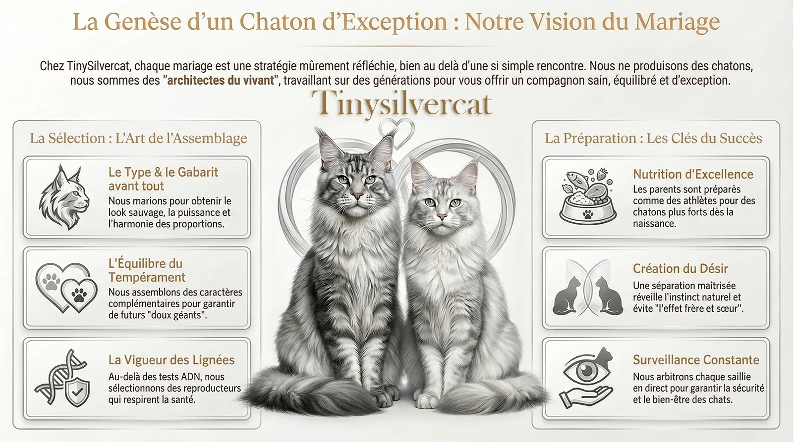 Infographie TinySilverCat présentant un mariage prévu entre un mâle Maine Coon silver clair et une femelle Maine Coon shaded blanche, illustrant la sélection rigoureuse des lignées.